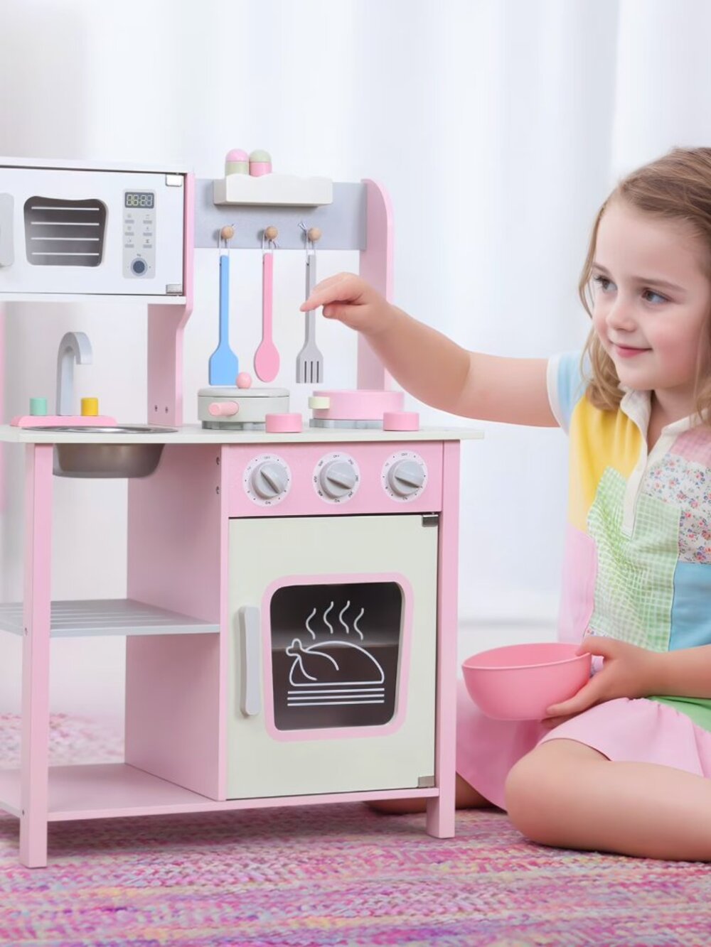 Kids Wooden Play Kitchen Set, Pink Pretend Cooking Toy with Accessories - Picture 11 of 16